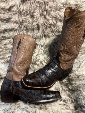 LUCCHESE MEN TOP QUALITY GIANT GATOR & LEATHER Western Boots-CHOCOLATE-Sz 8.5 D